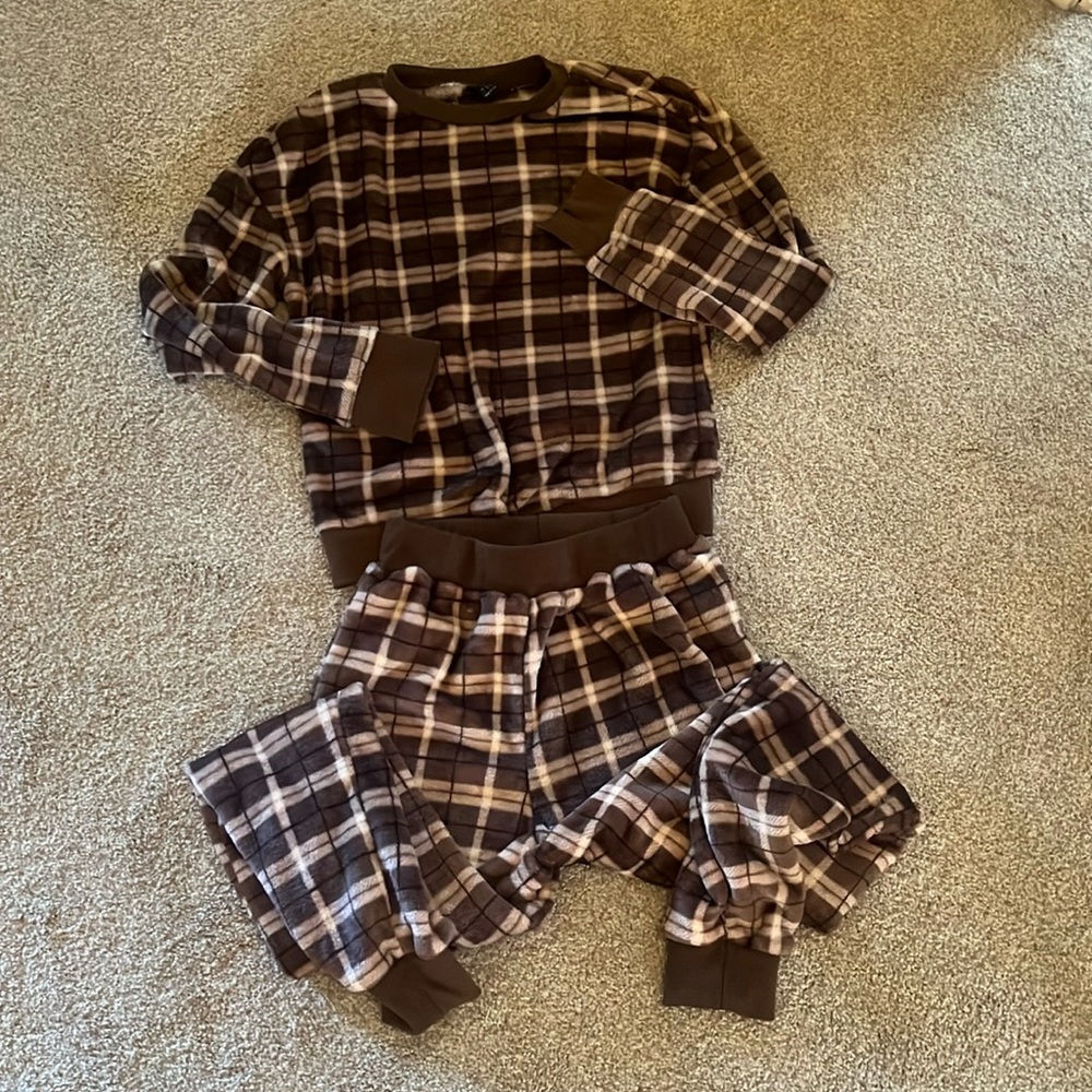 Shein Brown Plaid Drop Shoulder Flannel PJ Set Size Small